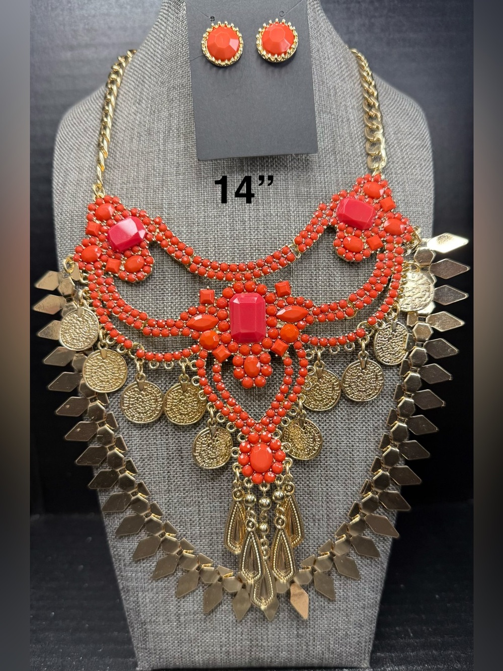 Coral and Gold Multi-Layer Statement Necklace with Matching Earrings